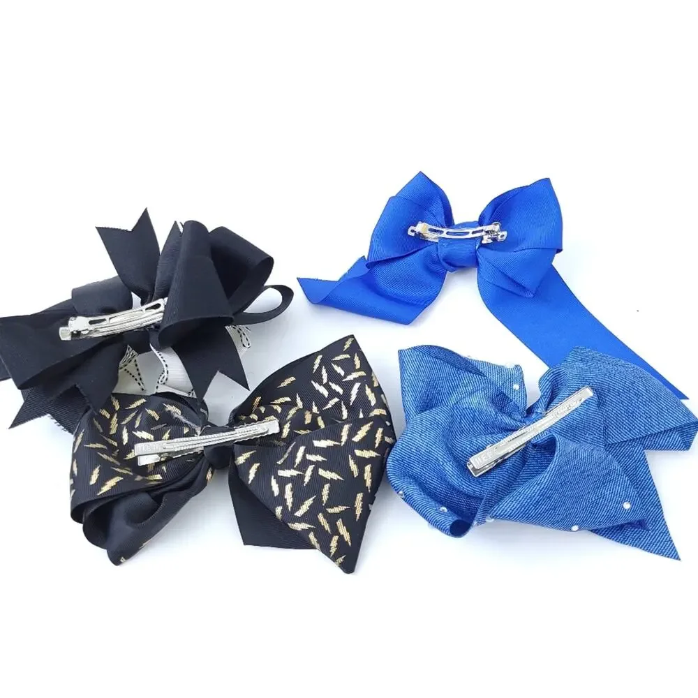 Lot of 4 Large Hairbows for Girls Black/White, Blue, Denim w/pearls, Black/Gold